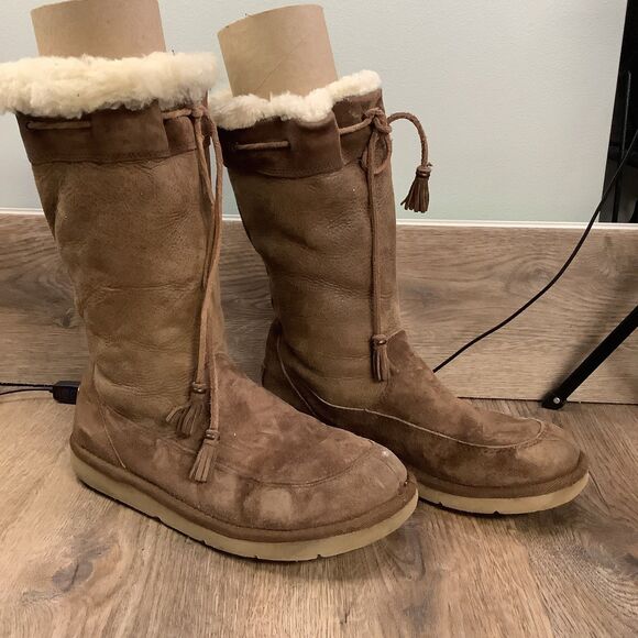 UGG Australia Shoes - UGG Suburb Brown Suede Mid Calf Boot Womens 9 Leather Shearling Fur 5123